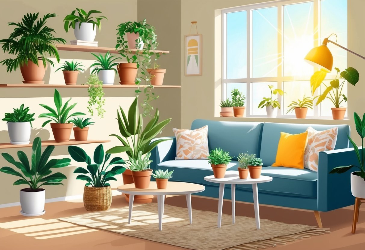 A cozy living room with various potted low-maintenance plants placed on shelves and tables, with sunlight streaming in through the windows