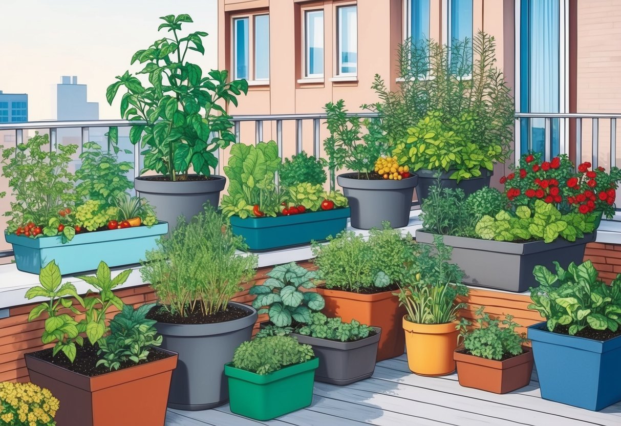 A balcony with various sized containers filled with thriving plants, herbs, and vegetables, showcasing successful urban gardening techniques