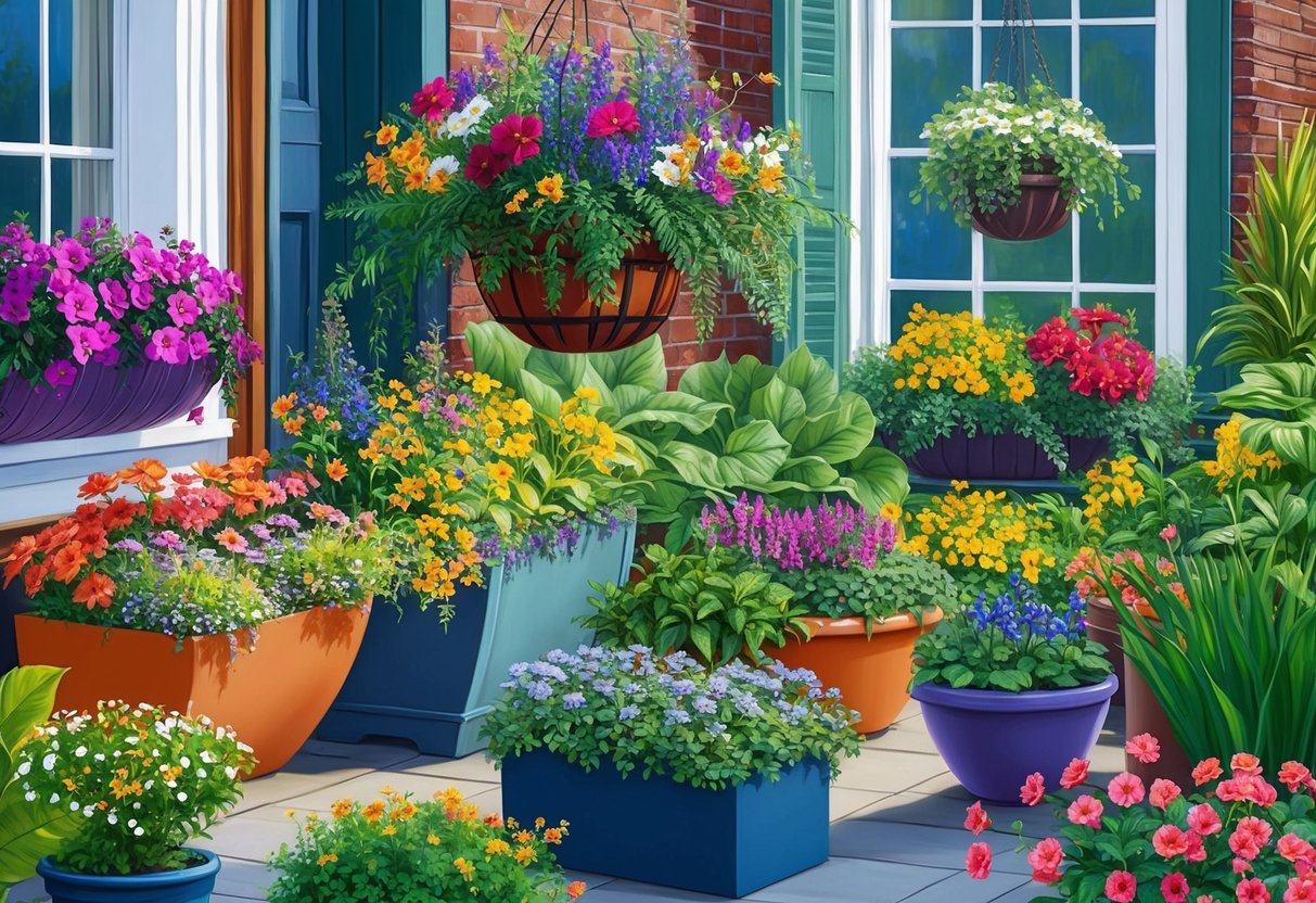Vibrant flowers and lush greenery fill a variety of containers, from hanging baskets to window boxes, creating a colorful and thriving urban garden