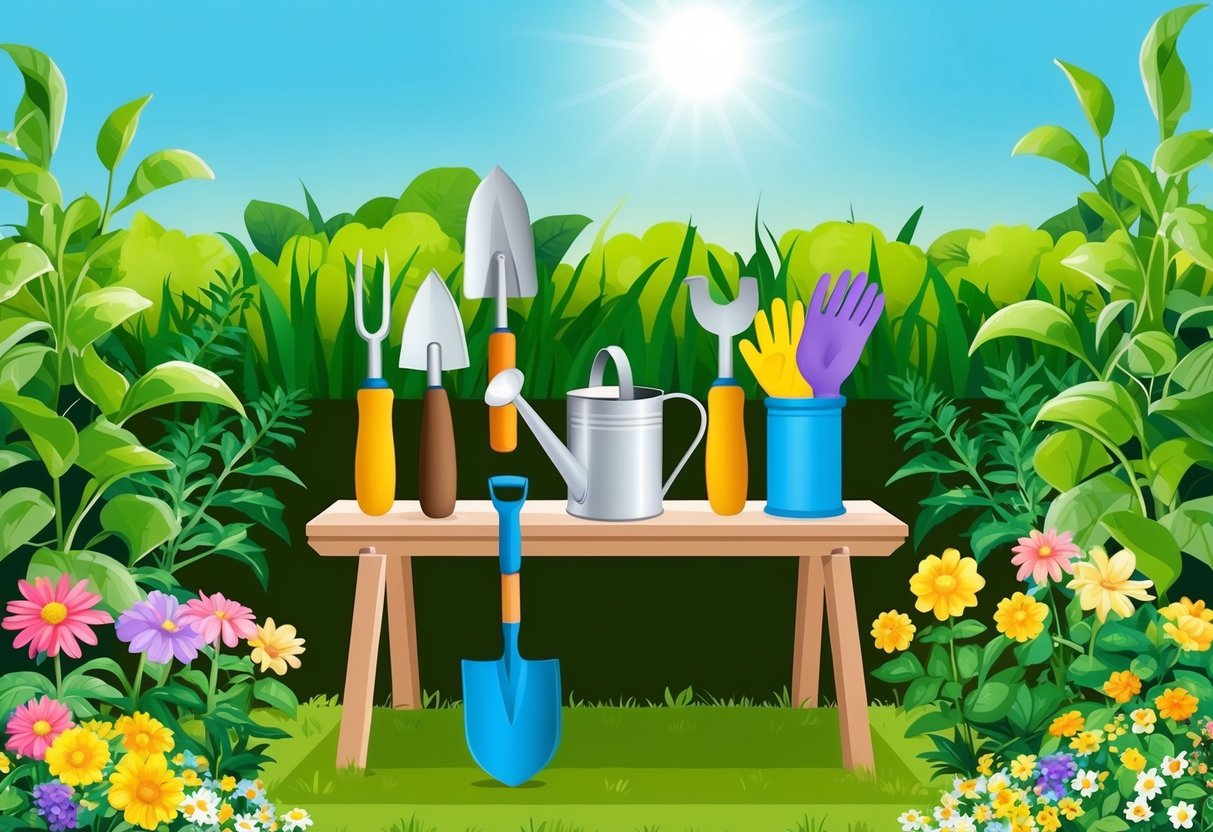 A garden with a variety of essential tools such as a trowel, pruners, watering can, gloves, and a shovel neatly arranged on a wooden bench. The sun is shining, and colorful flowers and lush green plants surround the area
