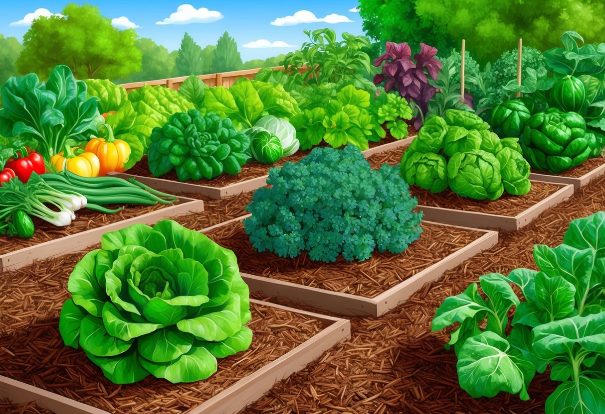 A garden bed covered with mulch, surrounded by lush, organic vegetables