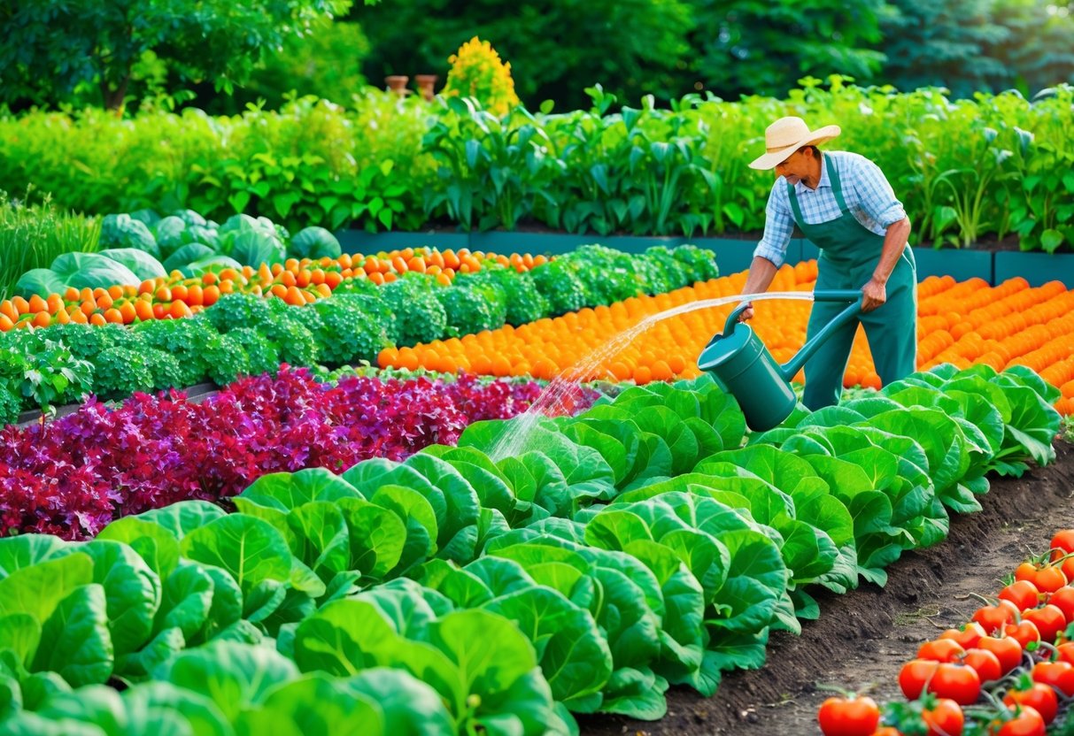 A lush garden with rows of vibrant, organic vegetables being watered and tended to by a gardener