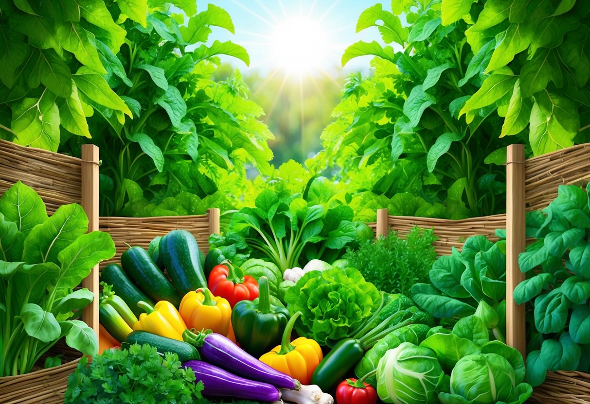 A lush garden bursting with vibrant, healthy vegetables, surrounded by natural barriers to keep pests at bay. Sunlight filters through the leaves, showcasing the organic bounty