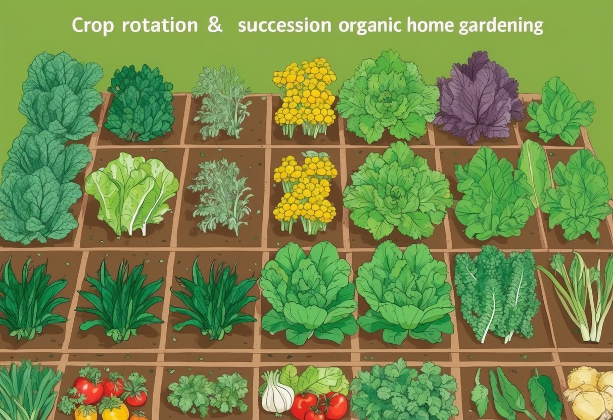 A garden with different sections of vegetables in various stages of growth, illustrating the concept of crop rotation and succession planting for organic home gardening