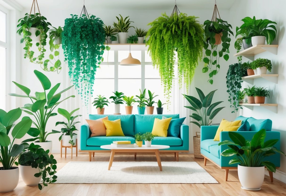 Lush, vibrant houseplants fill a bright, airy living room, cascading from shelves and hanging planters, instantly transforming the space with their rapid growth