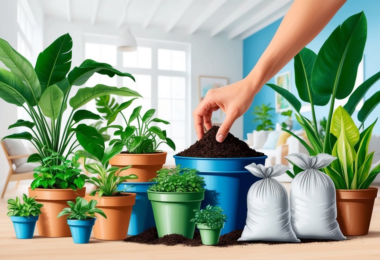 A hand reaching for a variety of pots and bags of soil, surrounded by lush, fast-growing houseplants in a bright, airy living space