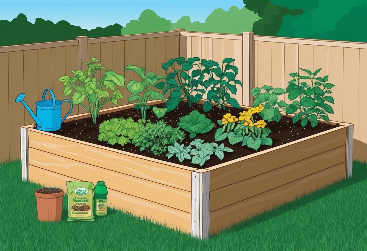 A raised bed garden filled with thriving plants, with a watering can and fertilizer nearby