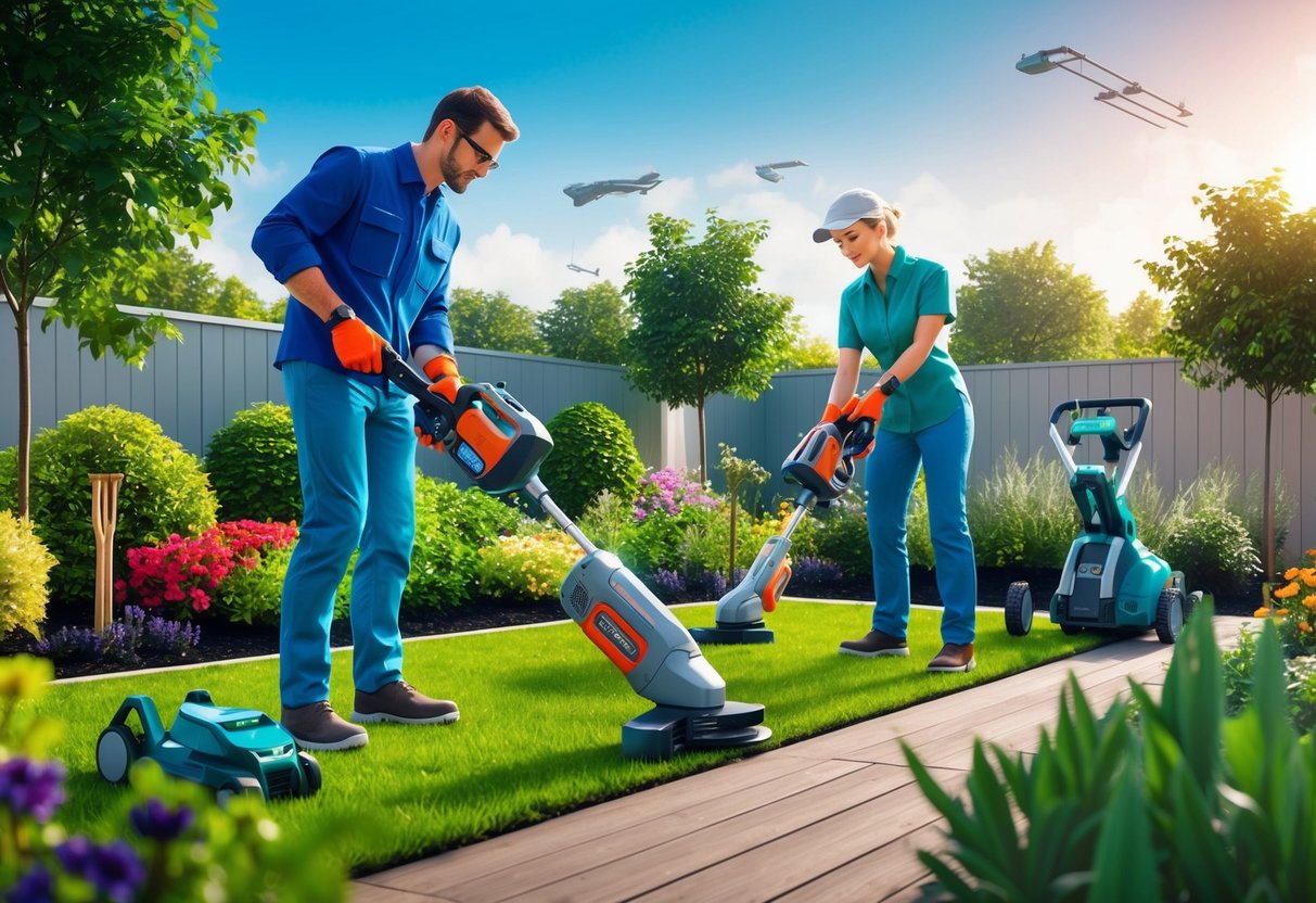 A futuristic garden with high-tech power tools and accessories in use, showcasing efficiency and innovation in outdoor gardening