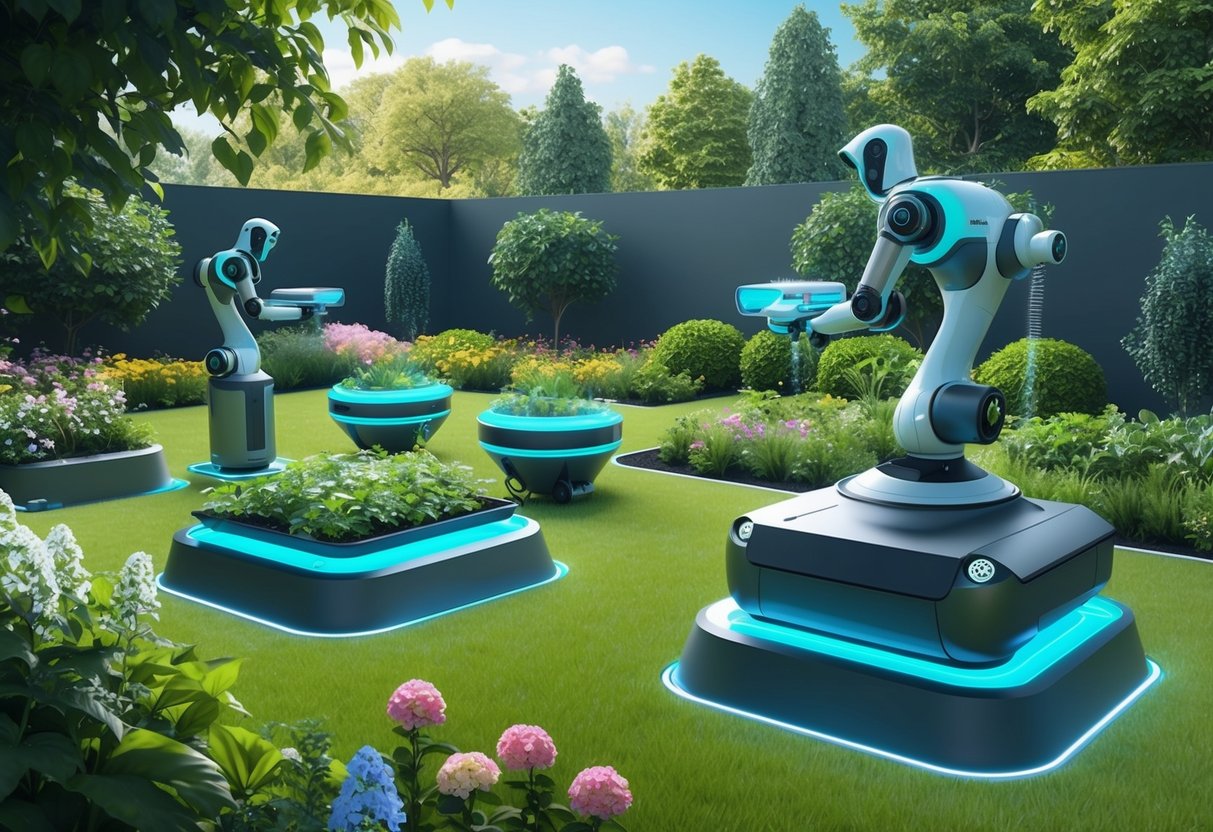 A futuristic garden with AI-controlled tools, robotic planters, and smart irrigation systems, surrounded by lush greenery and blooming flowers
