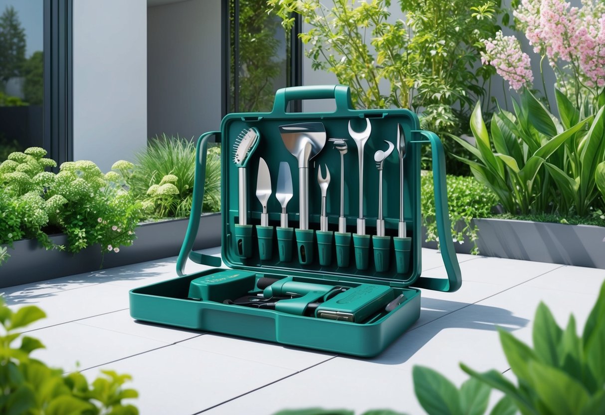 A modern, high-tech gardening tool set displayed on a sleek outdoor patio, surrounded by lush green plants and blooming flowers