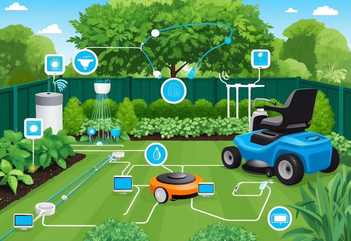 A lush garden with high-tech tools, including a smart watering system, robotic lawnmower, and soil sensors, all connected and controlled by software