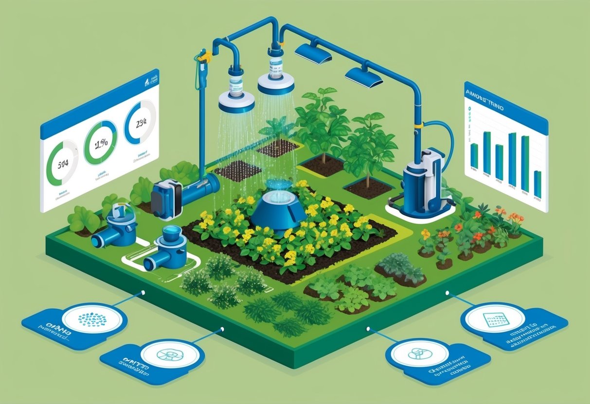 A lush garden with high-tech tools, such as automated watering systems and precision planting devices, surrounded by market trend charts and horticultural advancements