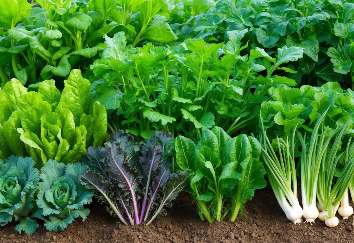 A lush garden with a variety of vegetables growing closely together, showcasing the concept of companion planting for optimal growth and harvest