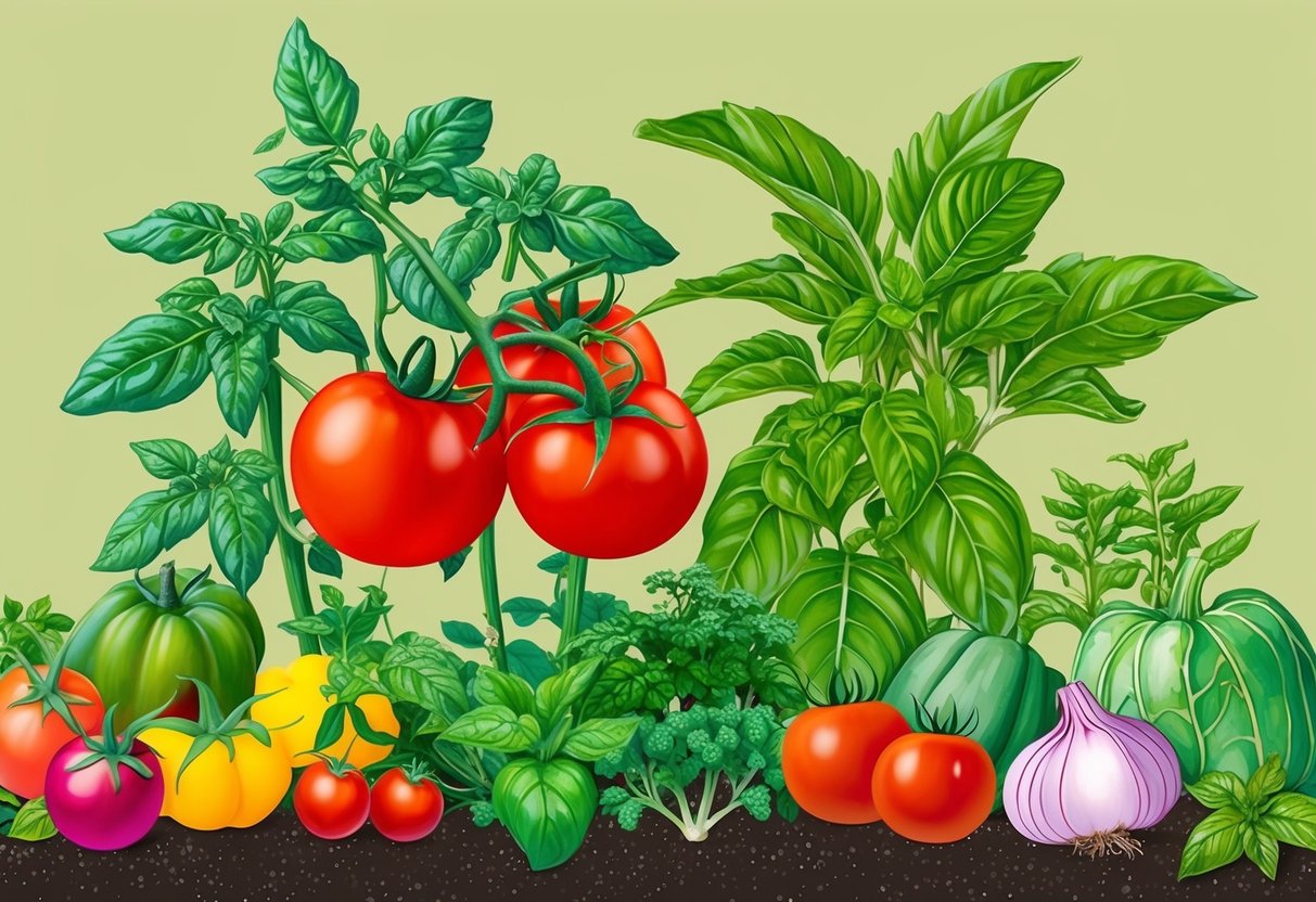 A garden with diverse vegetables growing together, such as tomatoes and basil, illustrating the concept of companion planting for healthier harvests