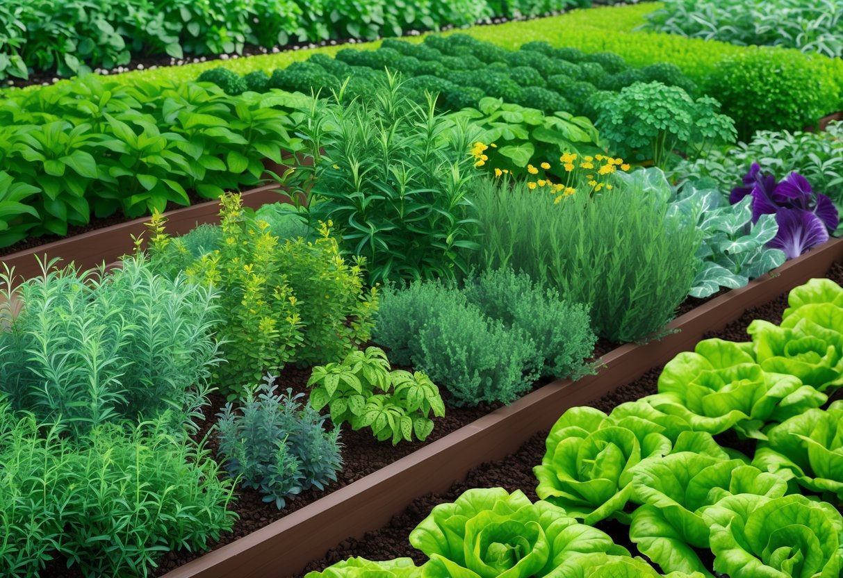 A lush garden bed filled with a variety of aromatic herbs and ornamental plants, nestled among rows of thriving vegetables