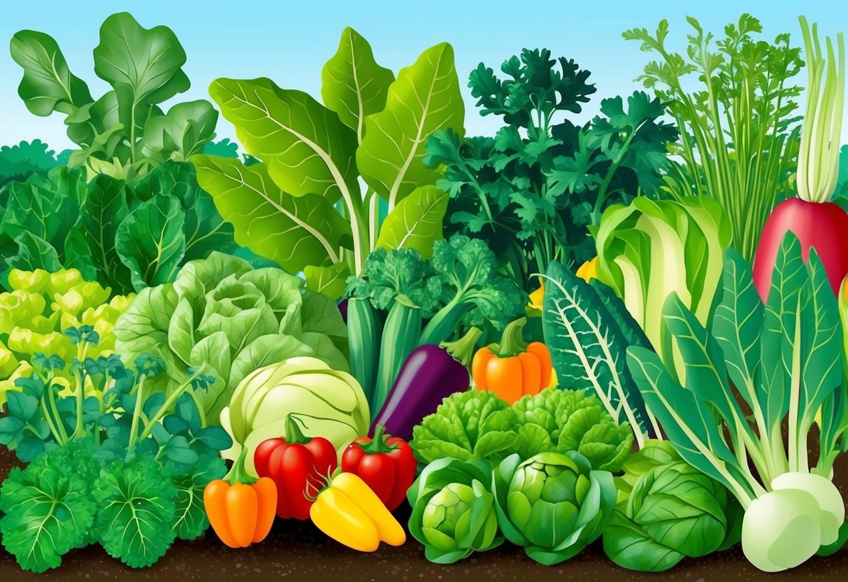 A variety of vegetables growing together in a garden, with complementary crops planted side by side to promote healthier and more abundant harvests