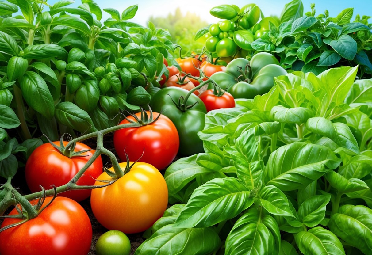 A lush garden with intermingling vegetables, such as tomatoes and basil, showcasing the concept of companion planting for a bountiful harvest