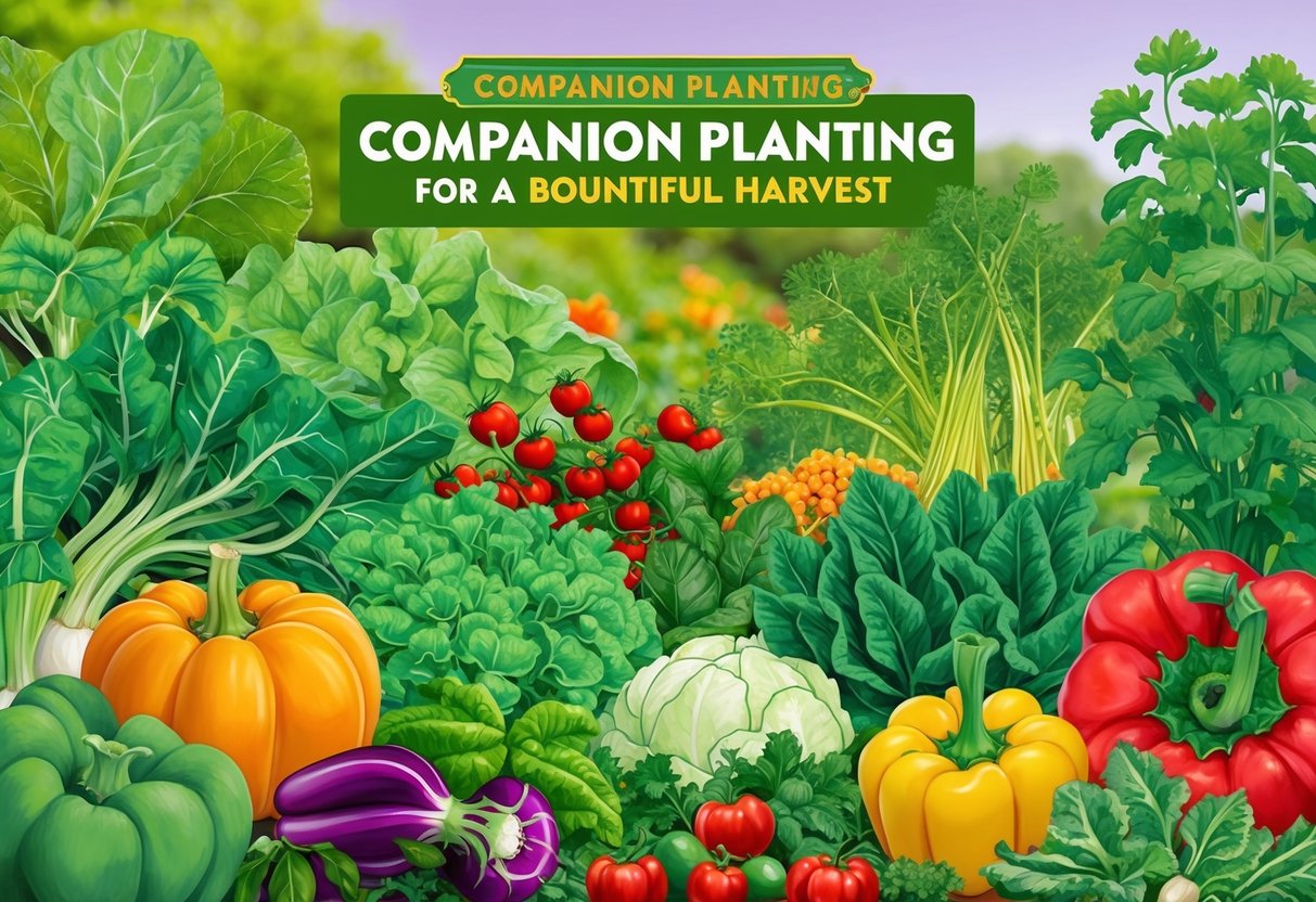 A flourishing garden with various vegetables intermingled, showcasing the concept of companion planting for a bountiful harvest