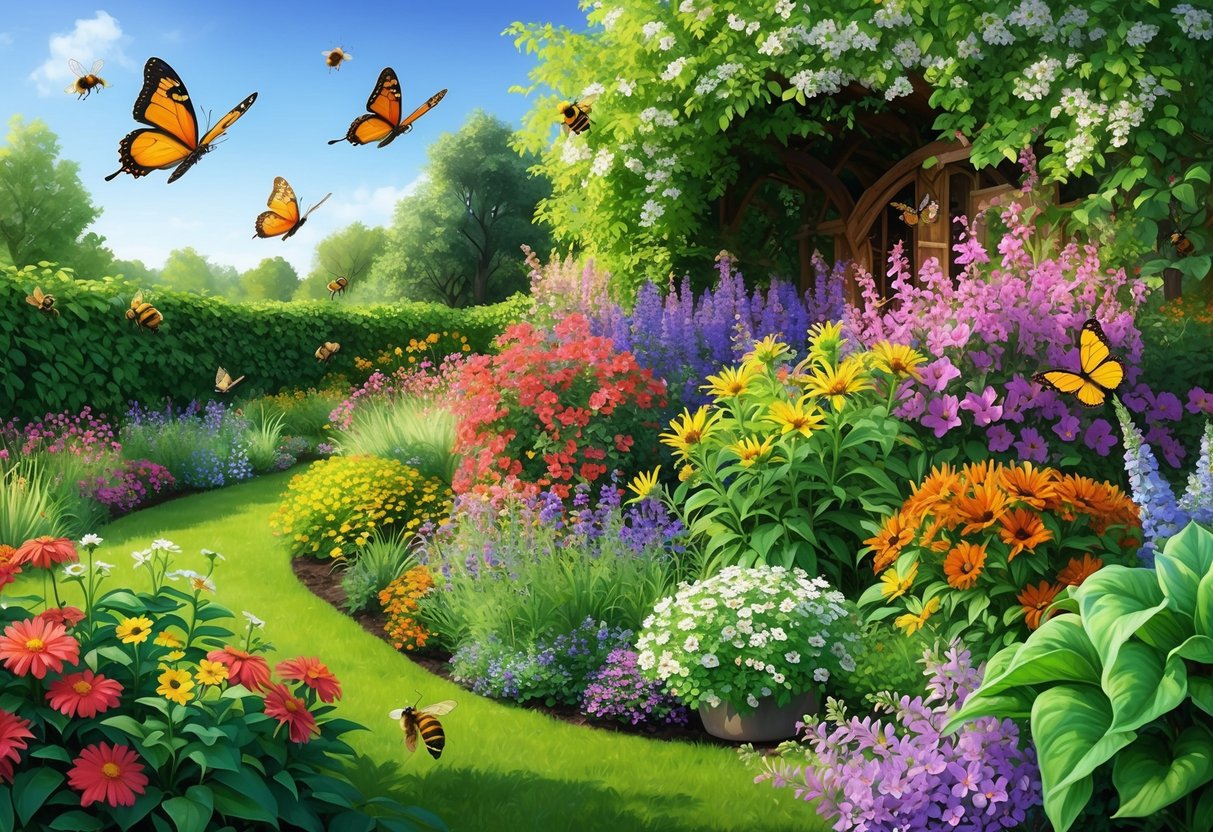 A lush garden bursting with vibrant flowers, buzzing with bees and fluttering with butterflies, surrounded by healthy green foliage