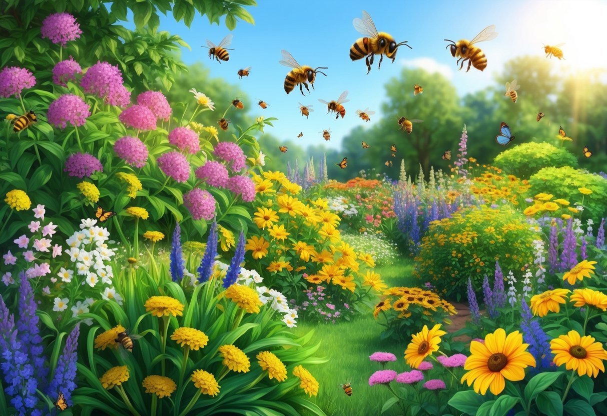 A lush garden bursting with vibrant flowers, buzzing with bees, butterflies, and other pollinators. The air is filled with the sweet scent of nectar as the plants thrive in the sunlight