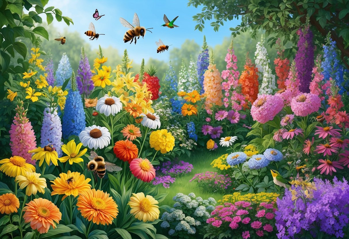 A lush garden bursting with vibrant, blooming flowers of various colors and sizes. Bees, butterflies, and hummingbirds flit from flower to flower, pollinating and bringing life to the garden