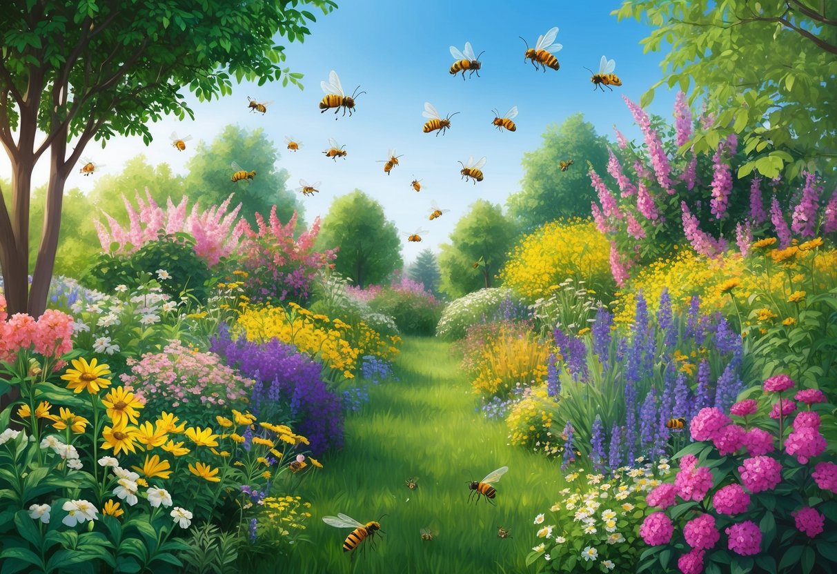 A lush garden bursting with vibrant, blooming flowers and buzzing with pollinators. The air is filled with the sweet scent of blossoms, creating a chemical-free haven for wildlife