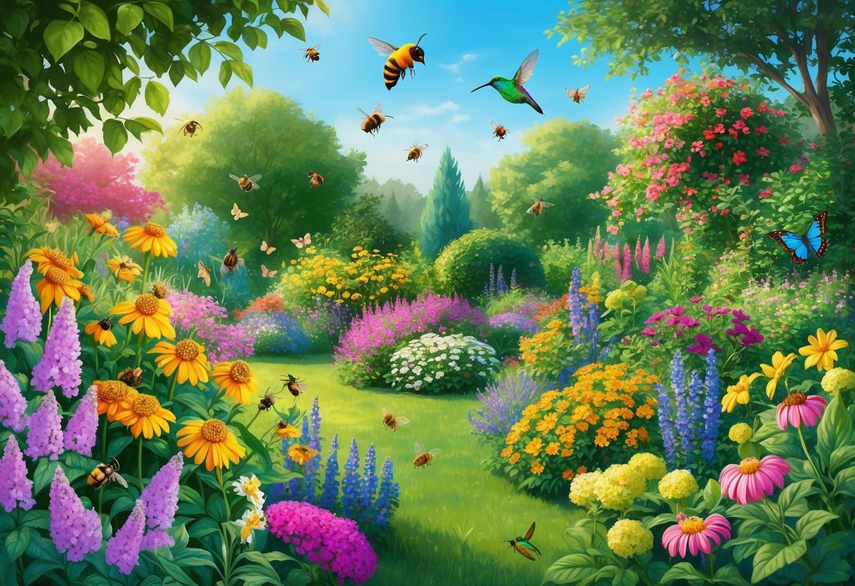 A lush garden with vibrant blooming flowers, buzzing with various pollinators such as bees, butterflies, and hummingbirds