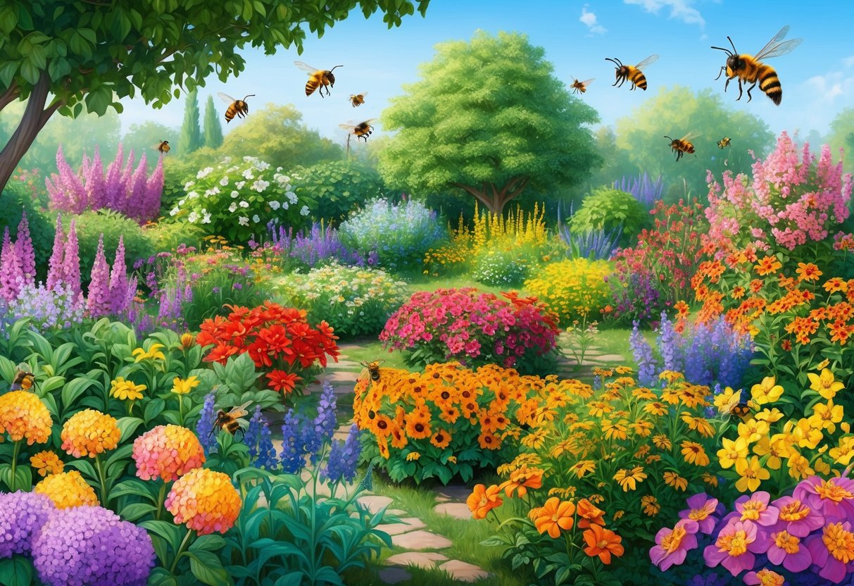 A vibrant garden bursting with colorful flowering plants, surrounded by buzzing pollinators and thriving with life