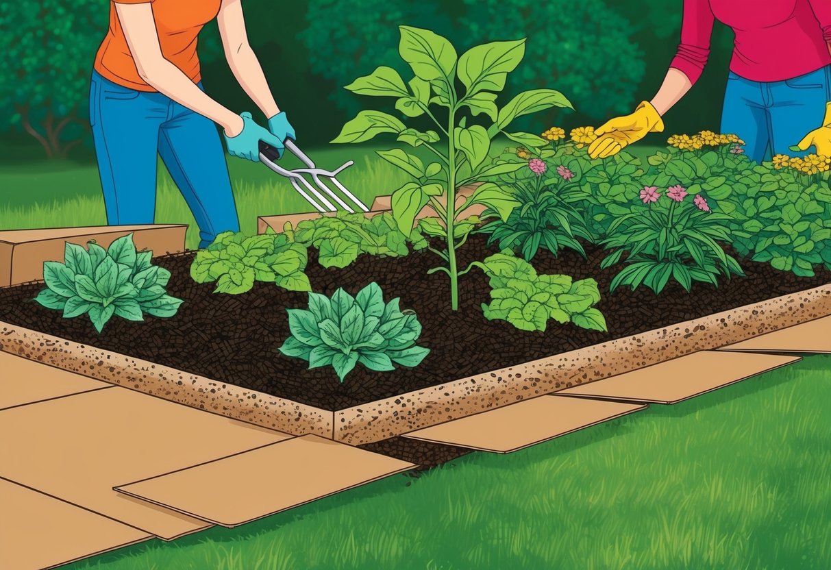 A garden bed being layered with cardboard, compost, and mulch, with thriving plants growing without any digging
