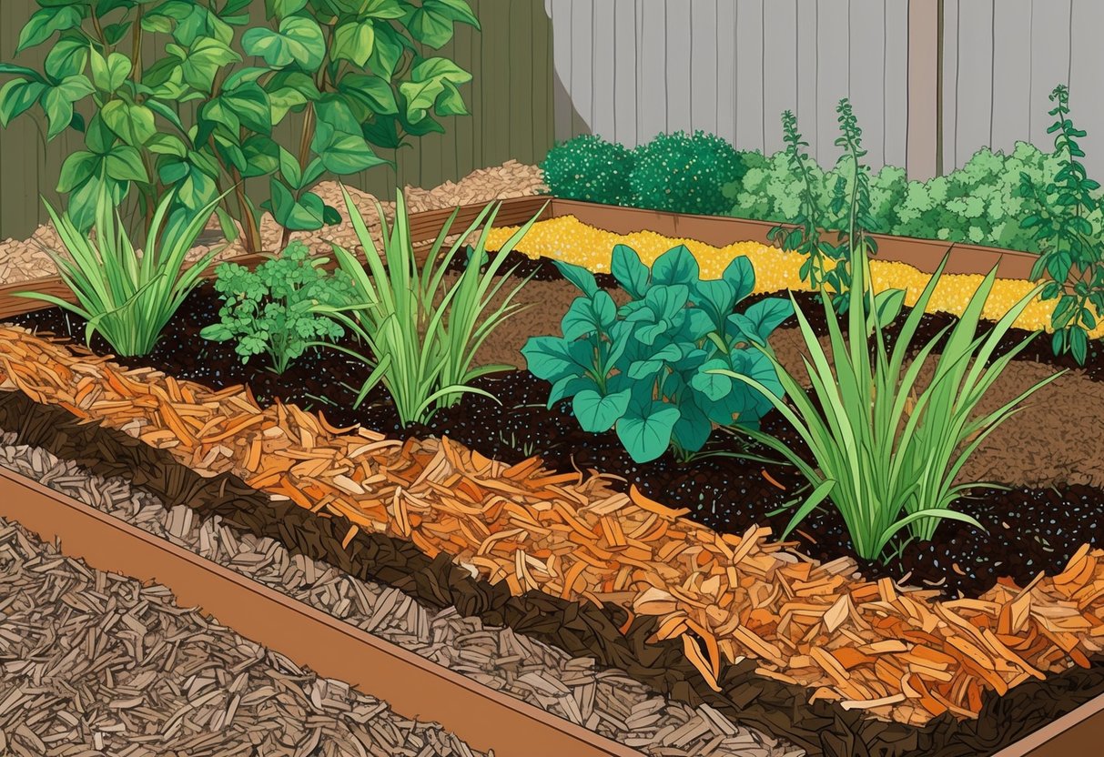 A garden bed with layers of mulch, compost, and organic matter, with plants thriving in the rich, moist soil