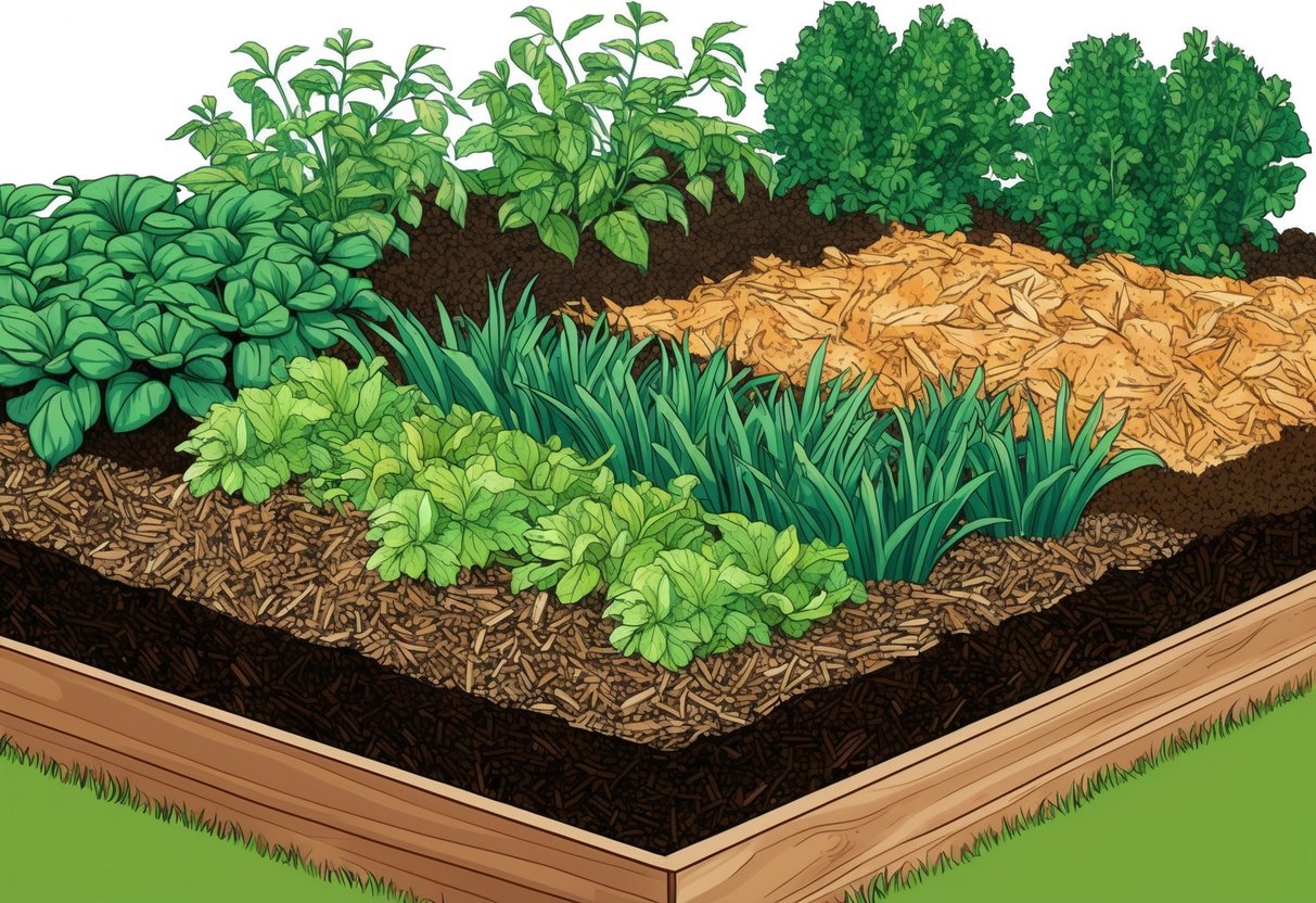 A garden bed with layers of organic matter, compost, and mulch, creating a rich and fertile environment for plant growth