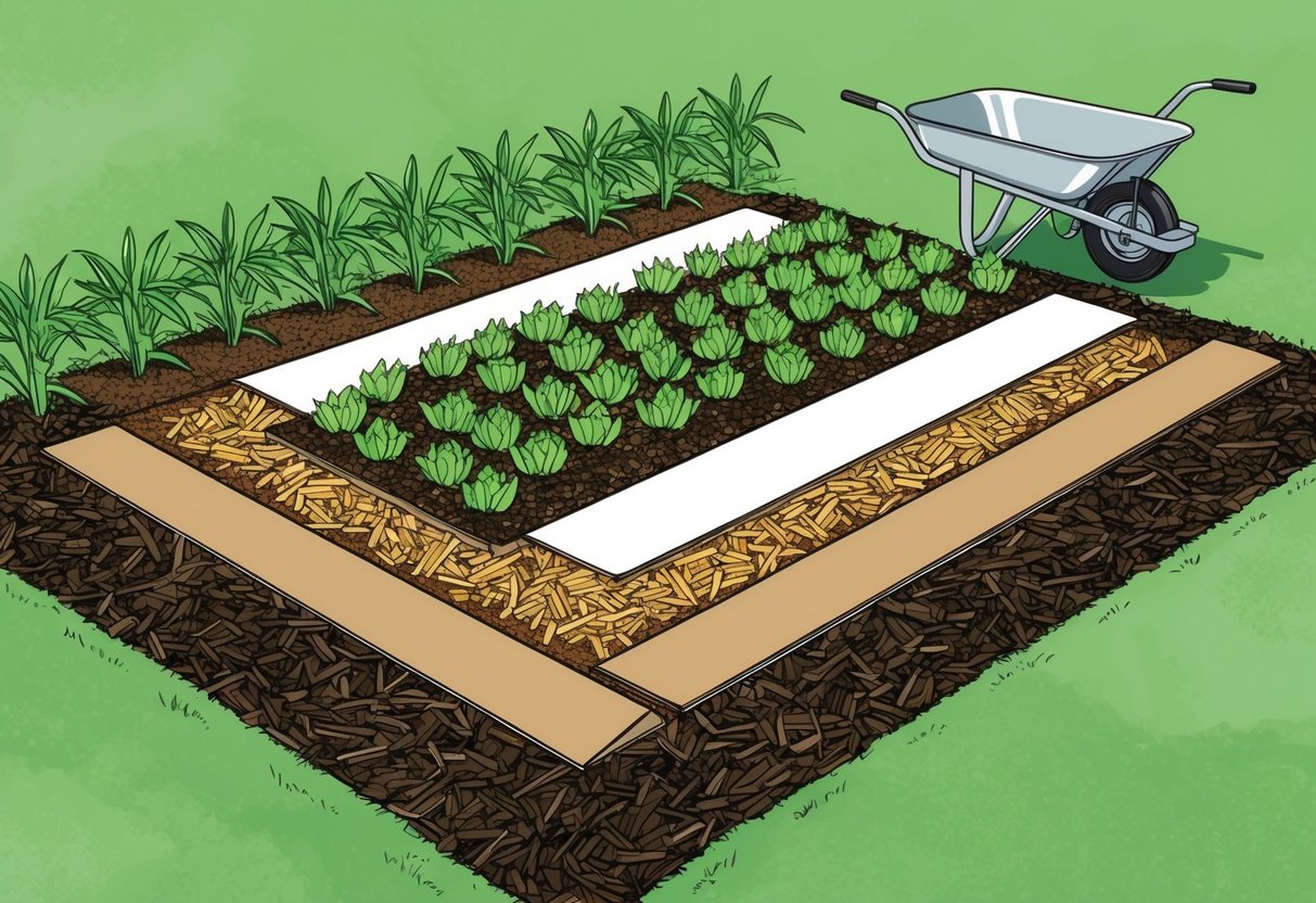 A garden bed with layers of mulch, cardboard, and compost, surrounded by weed-free pathways. A shovel and wheelbarrow sit nearby