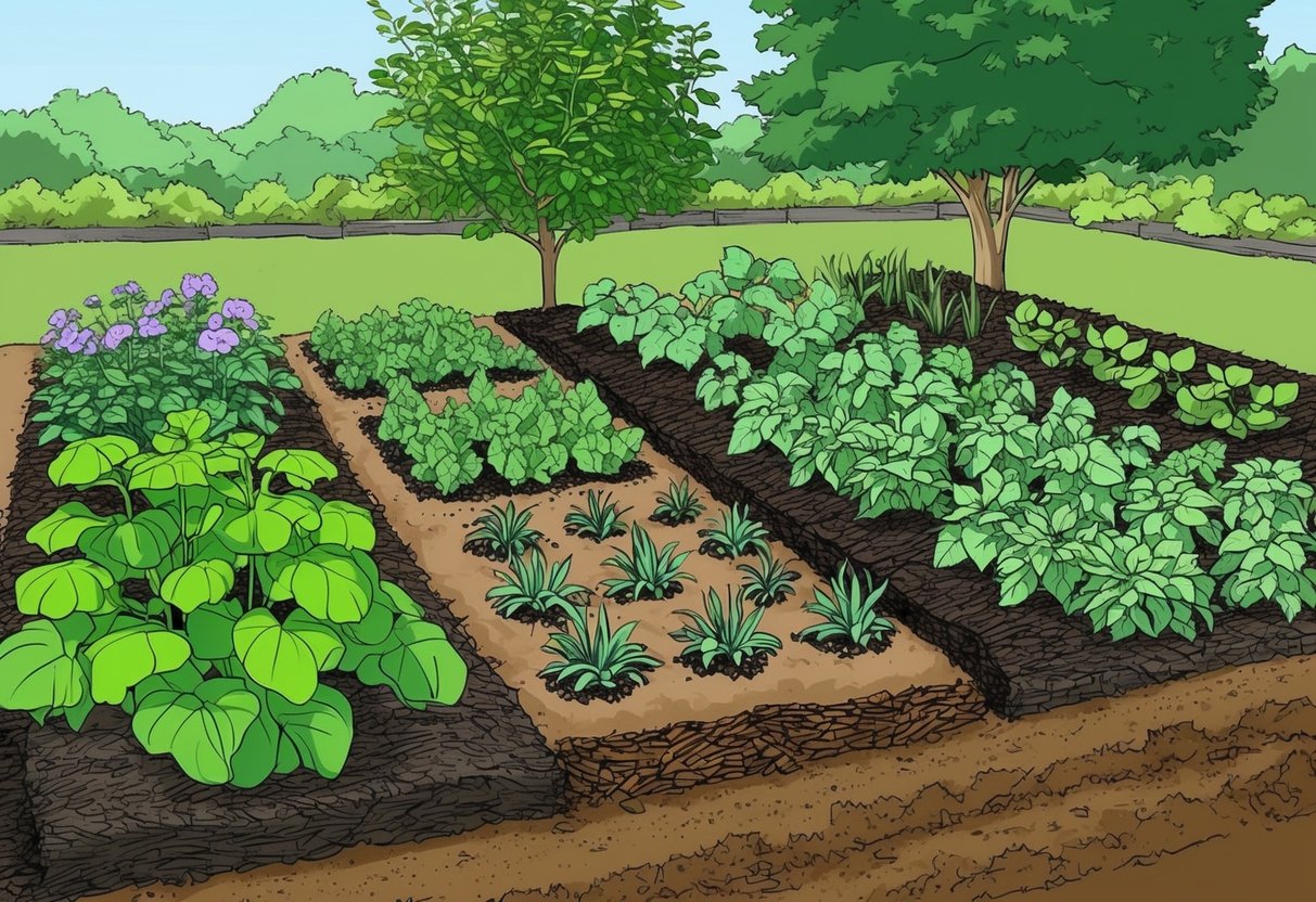 A lush garden with layers of compost, mulch, and plants growing without disturbance, showcasing the process of no-dig gardening for healthier soil and stronger plants