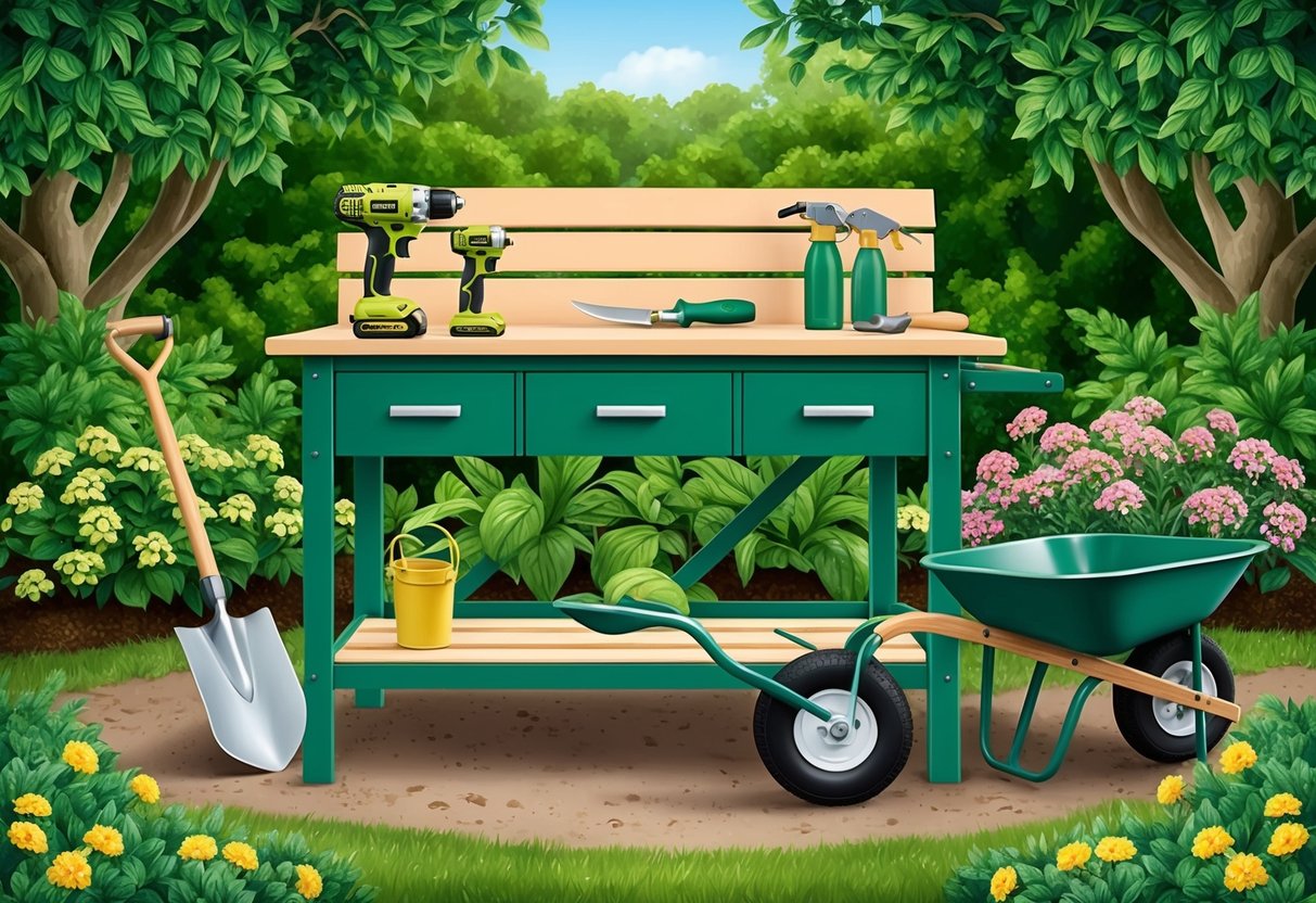 A gardener's workbench with a cordless drill, pruning shears, shovel, and wheelbarrow surrounded by lush greenery and blooming flowers