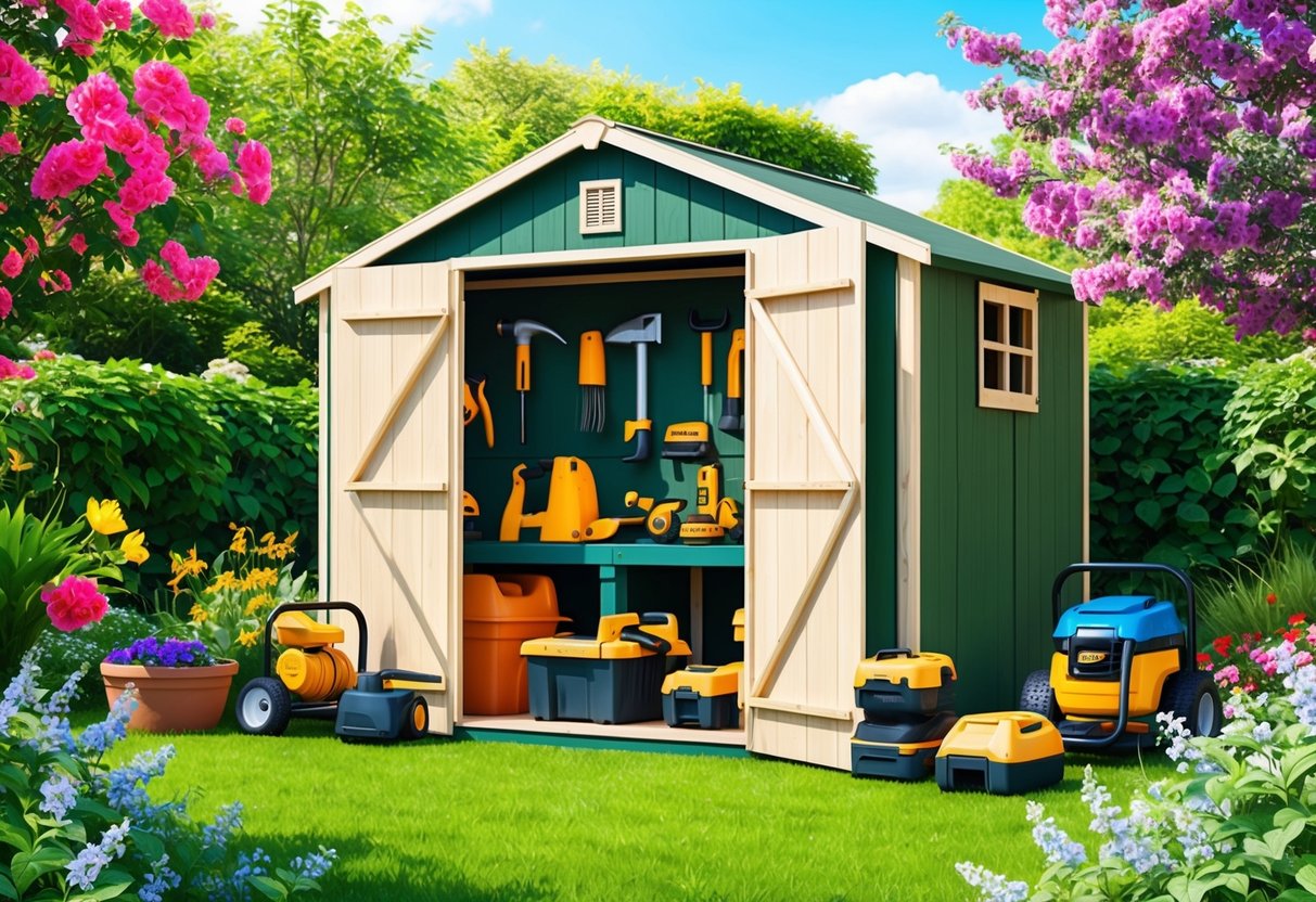 A garden shed filled with essential hand and power tools, surrounded by blooming flowers and lush greenery