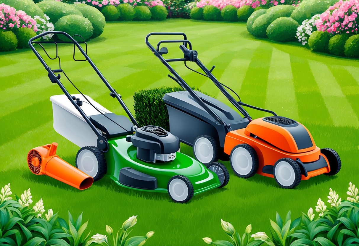 A lawnmower, hedge trimmer, and leaf blower neatly arranged on a well-kept lawn, surrounded by blooming flowers and lush greenery