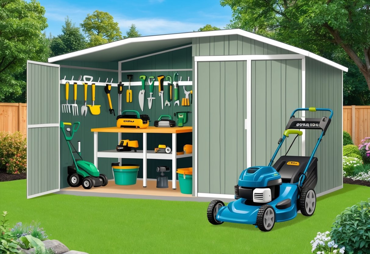 A neatly organized shed with various garden tools hung on hooks, a workbench with power tools, and a well-maintained lawnmower and trimmer