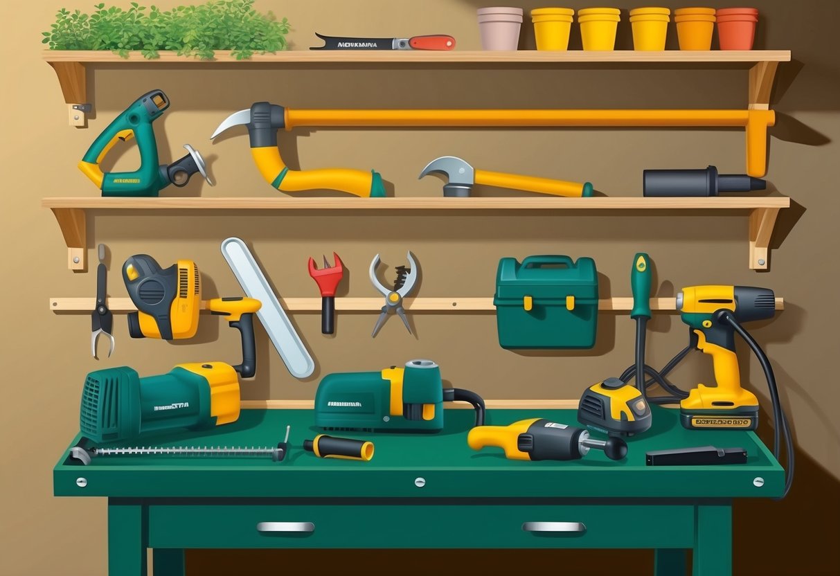 A gardener's workbench with various power tools neatly organized and ready for use