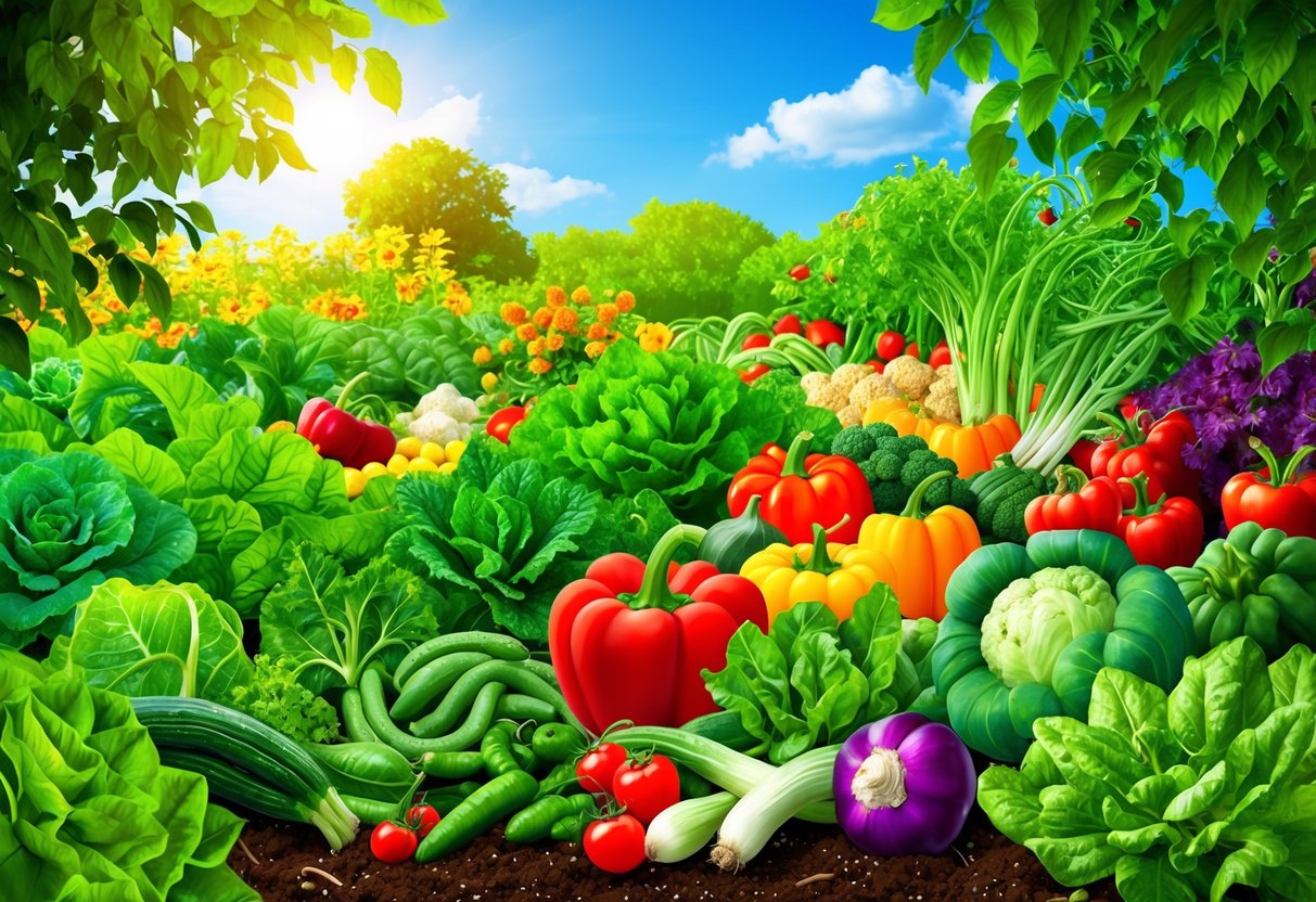 Lush garden with vibrant, varied vegetables thriving in rich soil, surrounded by sunlight and clear blue skies