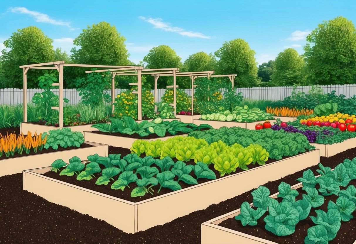 A lush, organized garden with raised beds, trellises, and neatly labeled rows of vibrant, flavorful vegetables growing in rich, organic soil
