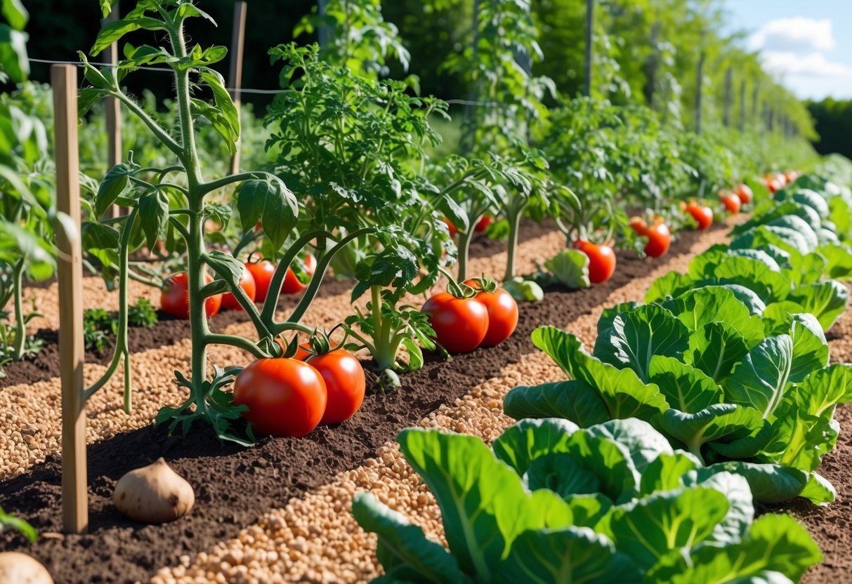 Lush garden with rows of tomato plants, root vegetables, and cruciferous greens flourishing under the sun