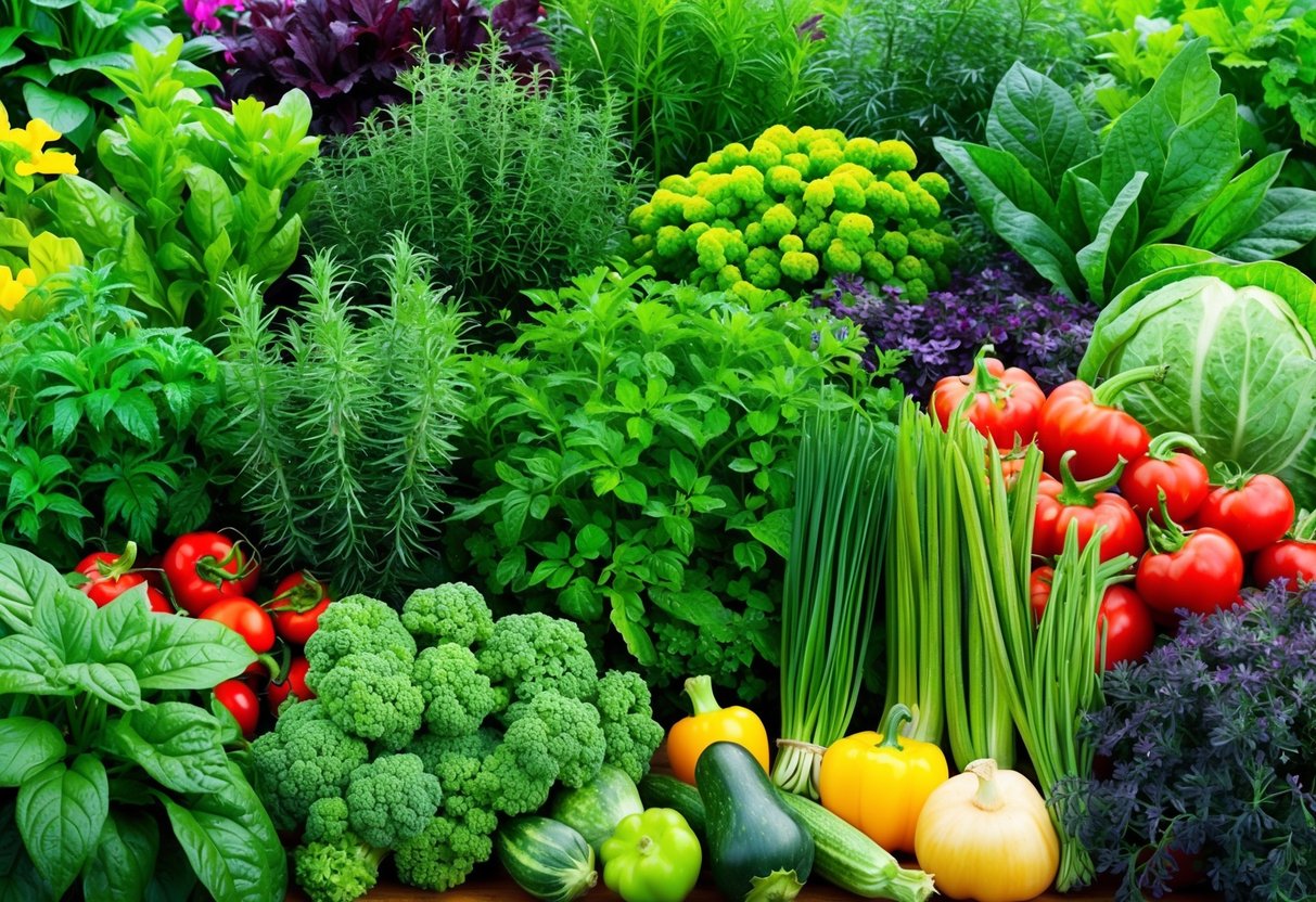 A colorful array of aromatic herbs and vibrant vegetables growing in a lush, well-tended garden, radiating freshness and flavor