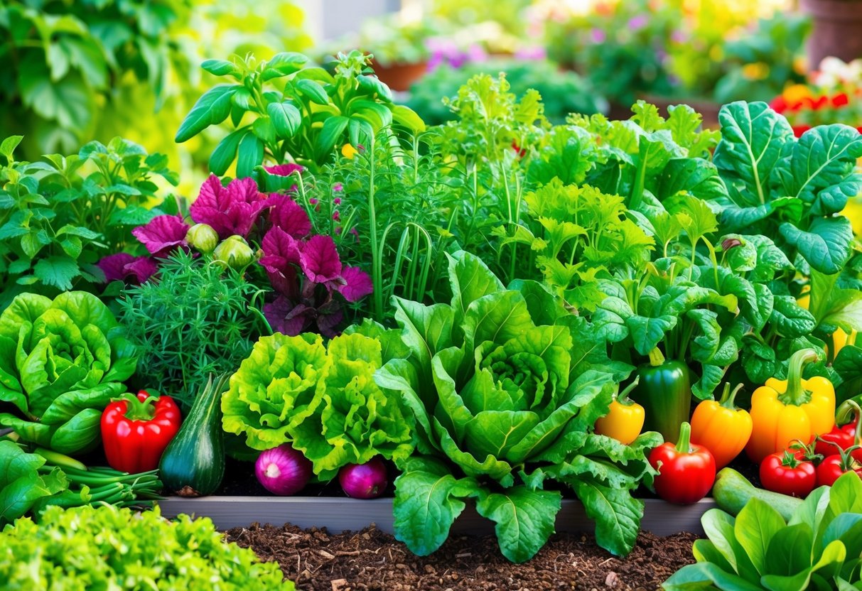 A lush garden bursting with vibrant, healthy vegetables, surrounded by natural pest control methods like companion planting and mulching