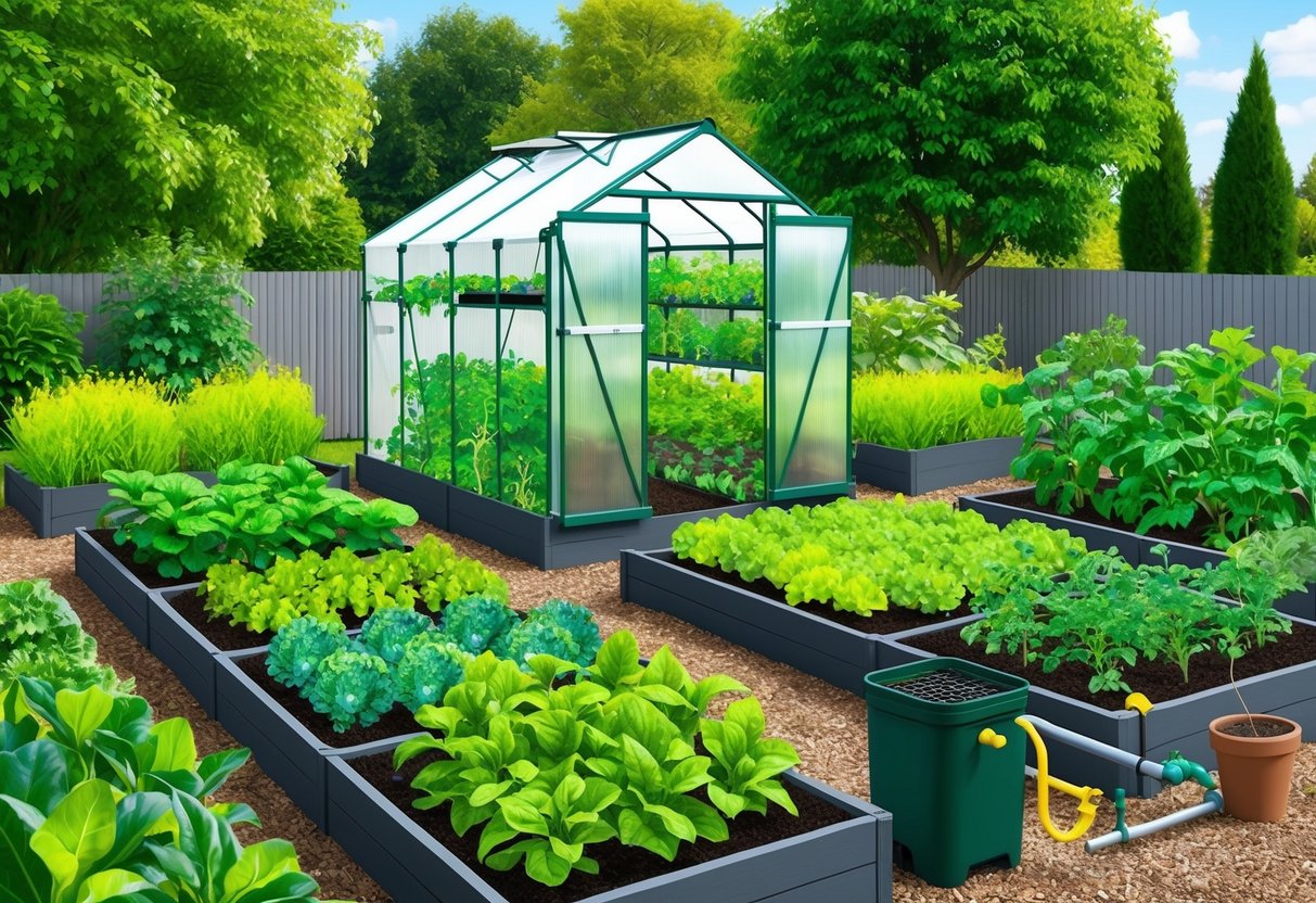 Lush, green vegetable garden with various gourmet plants thriving in raised beds. A small greenhouse extends the growing season, while a compost bin and watering system provide off-season care