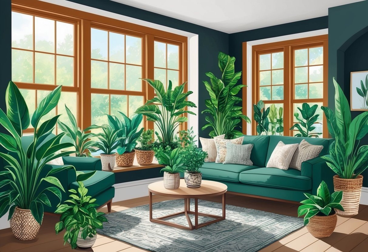 A cozy living room with large windows, filled with lush green plants in decorative pots, thriving in the shade and brightening up the dark corners