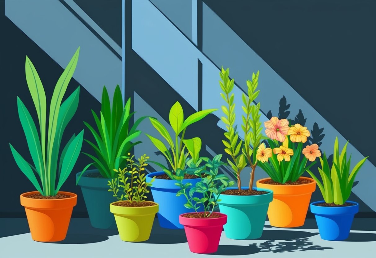 Vibrant small plants in colorful pots arranged in a shaded indoor space, adding brightness to the dark corners