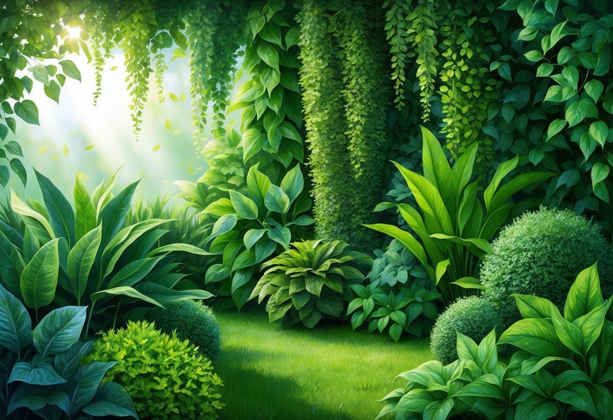 Lush, green foliage of various textured plants fill a shaded area, with dappled sunlight filtering through the leaves, creating a serene and tranquil atmosphere