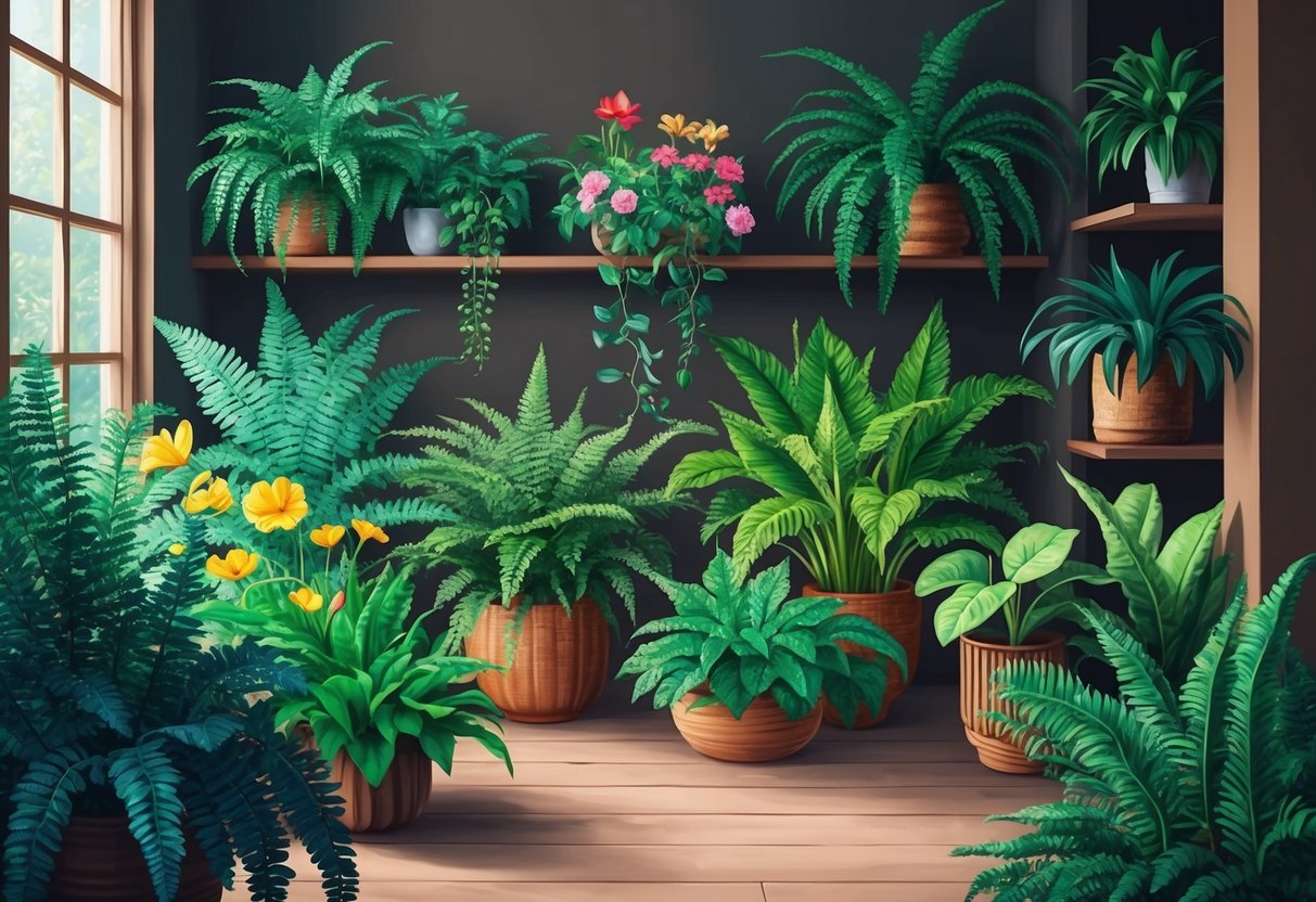 Lush green ferns and vibrant flowering plants fill a cozy indoor space, thriving in the cool shade and bringing life to the dim corners