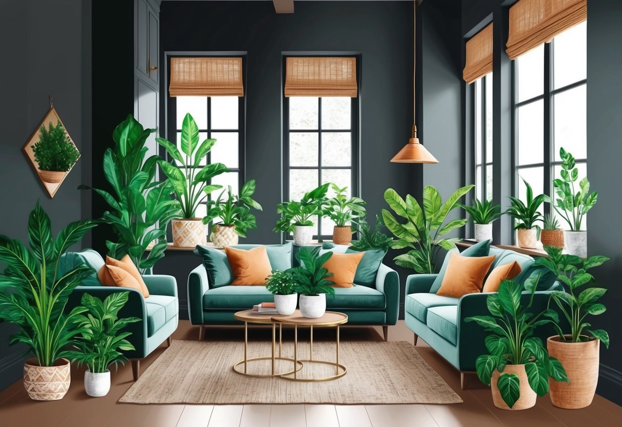 A cozy living room with large windows, filled with lush, shade-loving indoor plants in decorative pots, brightening up dark corners