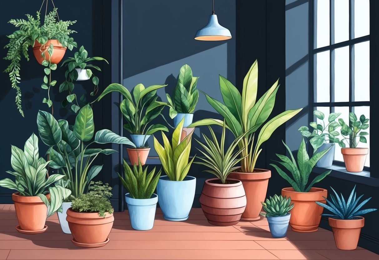 A cozy indoor space with various shade-loving plants in pots, nestled in dark corners, bringing life and vibrancy to the room